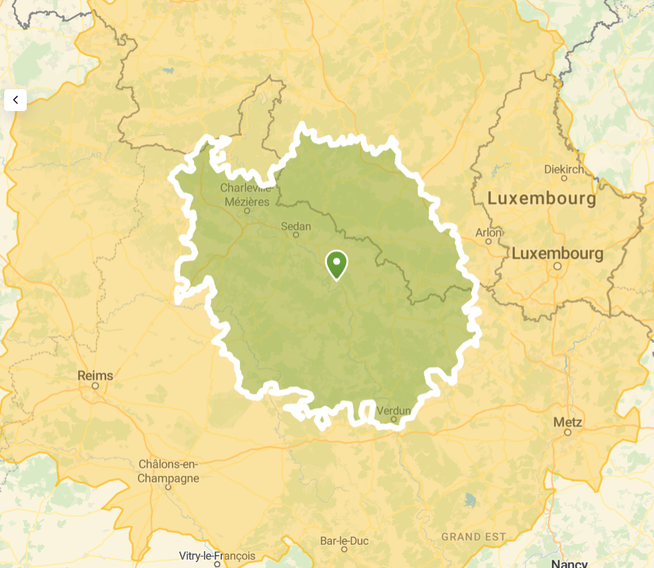 Carte de la zone d'intervention Hydrae autour des Ardennes Marne Meuse - Charleville-Mézières, Sedan, Verdun
